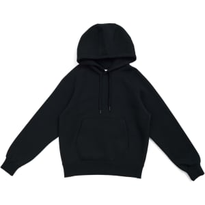 A black kangaroo pocket hoodie with a hood and long sleeves, featuring a logo.