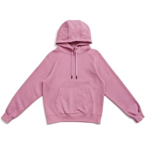 A pink women's hoodie with a kangaroo pocket and drawstring hood, featuring a logo on the front.