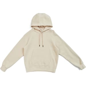 A beige women's cotton hoodie with a kangaroo pocket and a hood. It features long sleeves and a relaxed fit.