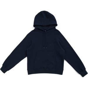 A navy hoodie with a kangaroo pocket and an attached hood, featuring a logo on the front.