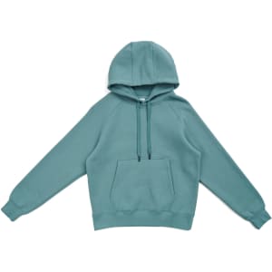 A teal hoodie with a kangaroo pocket and a drawstring hood, featuring long sleeves and a relaxed fit.