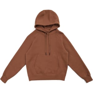 A brown women's junior cotton hoodie with a kangaroo pocket and a hood, featuring a logo.