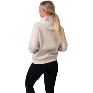 A women's cotton zip-up hoodie in beige, featuring a kangaroo pocket and a branded logo.