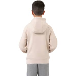 A beige hooded zippered jumper with a kangaroo pocket, viewed from the back on a model.