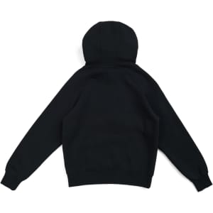 A black women's cotton hoodie featuring a kangaroo pocket and a zippered front. The back view is shown.