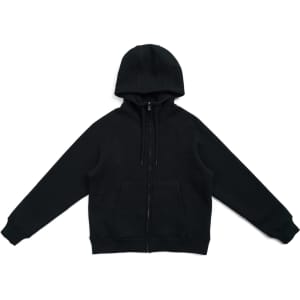 A black cotton zippered hoodie featuring a kangaroo pocket and a hood, with a logo on it.