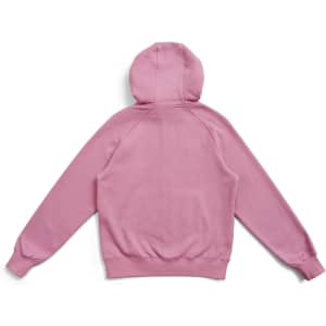 A pink women's junior cotton hoodie with a kangaroo pocket and a hood, featuring a logo.