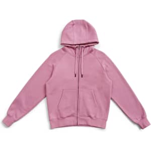 A pink zip-up hoodie featuring a kangaroo pocket and a hood, with branding on the garment.