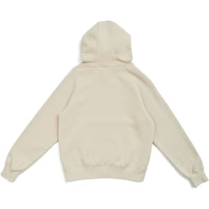 A cream-coloured women's cotton hoodie featuring a kangaroo pocket and a hood, with a branding logo.