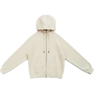 A cream zip-up hoodie with a kangaroo pocket and drawstring hood, featuring raglan sleeves and a logo.