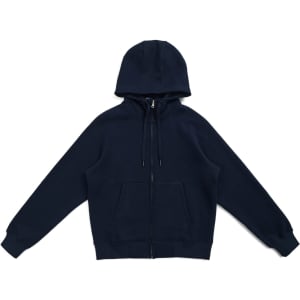 A navy women's cotton zip-up hoodie with a kangaroo pocket and drawstring hood. Features a logo.