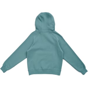 A teal women's cotton hoodie with a kangaroo pocket and a zipper, featuring a hood at the back.