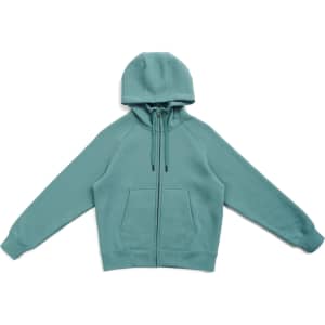 A green women's cotton hoodie with a kangaroo pocket and zipper, featuring a hood and ribbed cuffs.