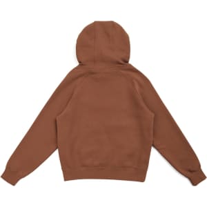 A brown zippered hoodie with a kangaroo pocket and a hood, featuring a logo.