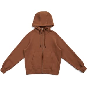 A brown women's cotton zip-up hoodie featuring a kangaroo pocket and a hood, with a logo on the front.