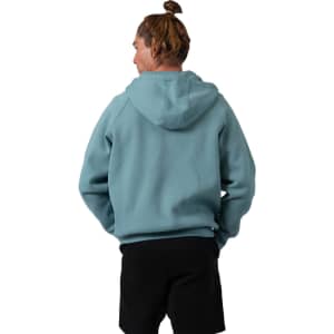 A teal men's cotton hoodie with a kangaroo pocket and zip closure, featuring a logo on the front.