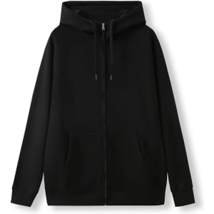A black men's cotton hoodie with a kangaroo pocket and a zipper, featuring a logo on the front.