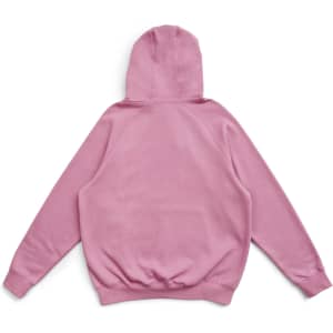 A pink men's cotton hoodie with a kangaroo pocket and a zipper, featuring a hood and ribbed cuffs.