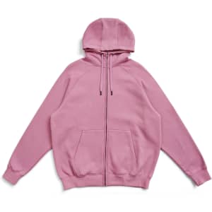 A pink men's cotton hoodie with a kangaroo pocket and zipper, featuring a hood and a logo.