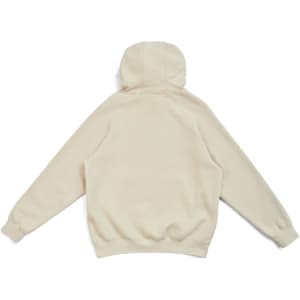 A cream-coloured men's cotton hoodie with a kangaroo pocket and a hood, featuring a branding logo.