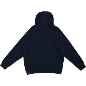 A dark navy hoodie featuring a kangaroo pocket and zipper, designed for men's wear. It includes a logo.