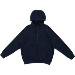 A navy blue men's cotton hoodie with a kangaroo pocket and a zipper, featuring a logo on it.