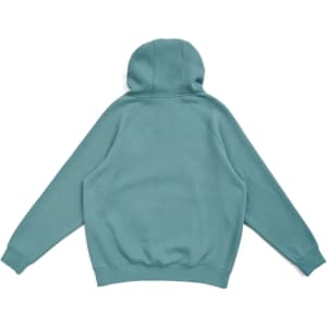 A teal kangaroo pocket zip-up hoodie with a hood and ribbed cuffs. Features a logo on the back.