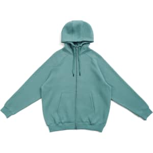 A teal cotton hoodie with a kangaroo pocket and zipper, featuring a hood and ribbed cuffs.