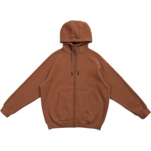A brown cotton hoodie with a kangaroo pocket and a zipper, featuring a hood and ribbed cuffs.