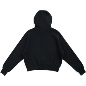 A black half-zip jumper with a hood and long sleeves. The back view shows a comfortable, relaxed fit.