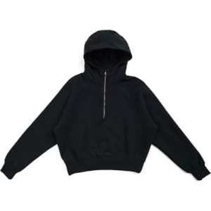 A black women's cotton half-zip jumper with a hood and long sleeves. It features a logo on the front.