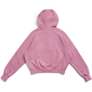 A pink cotton half-zip jumper with a hood and ribbed cuffs, featuring a logo on the back.
