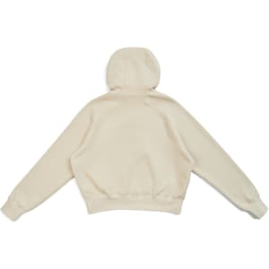 A women's cotton care half-zip jumper in a light beige colour, featuring a hood and ribbed cuffs.