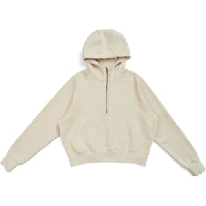 A beige half-zip jumper with a hood, featuring long sleeves and a cropped design. It has a logo on the front.
