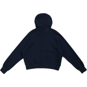 A navy blue women's half-zip cotton jumper with a hood and a relaxed fit, featuring raglan sleeves.