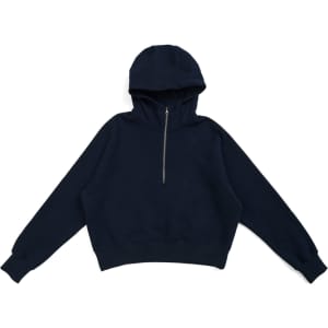 A navy women's half-zip jumper with a hood and long sleeves, featuring a logo on the front.
