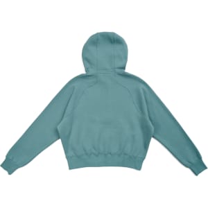 A cotton half-zip jumper in a teal colour, featuring a hood and ribbed cuffs, with a branding logo.