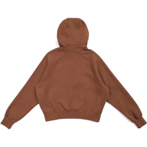 A brown women's cotton half-zip jumper featuring a hood and a relaxed fit. It includes long sleeves and a ribbed hem.