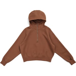 A brown half-zip jumper with a hood and long sleeves. It has a relaxed fit and features a logo.