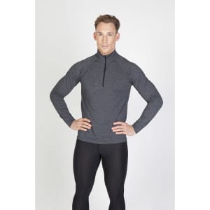 A grey half zip mock neck jumper for men, featuring long sleeves and a fitted design, with a logo present.