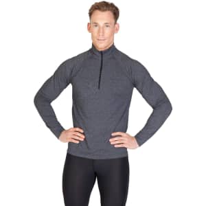 A grey half zip mock neck jumper with long sleeves, featuring a logo on the chest.
