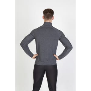 A grey half zip mock neck jumper with long sleeves, featuring a fitted design and a logo on the back.