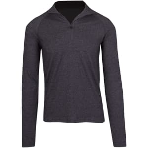 A men's half zip mock neck jumper in dark grey with long sleeves and a branding logo.