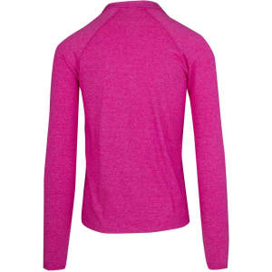 A pink half zip mock neck jumper featuring long sleeves and a back view design. Includes branding.