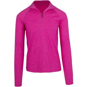 A pink half zip mock neck jumper with long sleeves and a subtle texture. It features a logo on the chest.