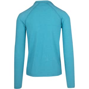 A half zip mock neck jumper in a vibrant turquoise colour, featuring long sleeves and a back view.