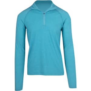 A turquoise half zip mock neck jumper with long sleeves, featuring a subtle texture and a logo.