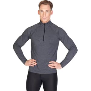 A grey half zip mock neck jumper for men, featuring long sleeves and a fitted design. It has a logo on it.
