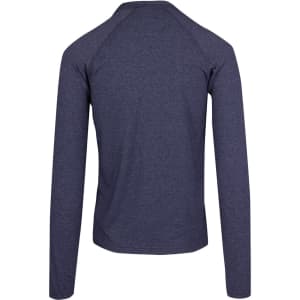 A navy blue half-zip mock neck jumper with long sleeves and a logo on the back.