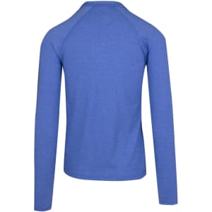 A blue half zip mock neck jumper with long sleeves and a simple design. Features a logo on the back.